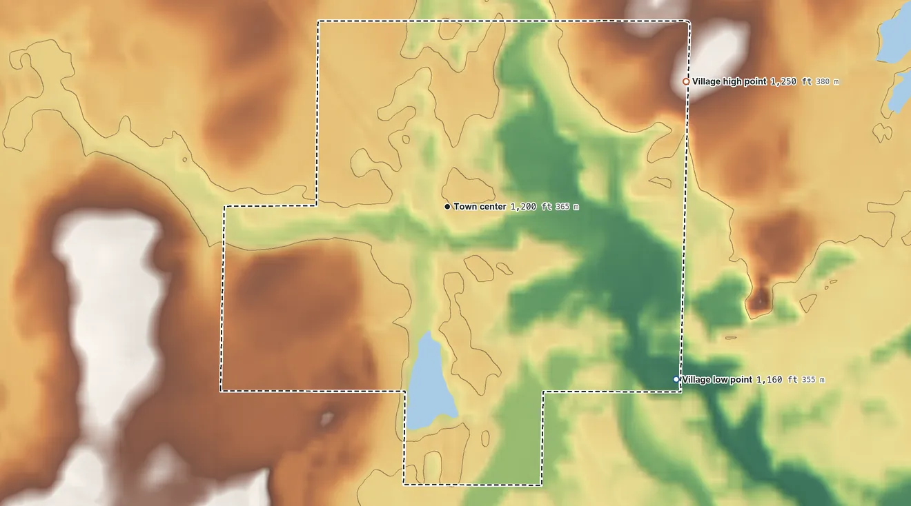 Topographic elevation map of Exeland, Wisconsin, shaded from 1,160 ft on the southeast side to 1,250 ft on the northeast side