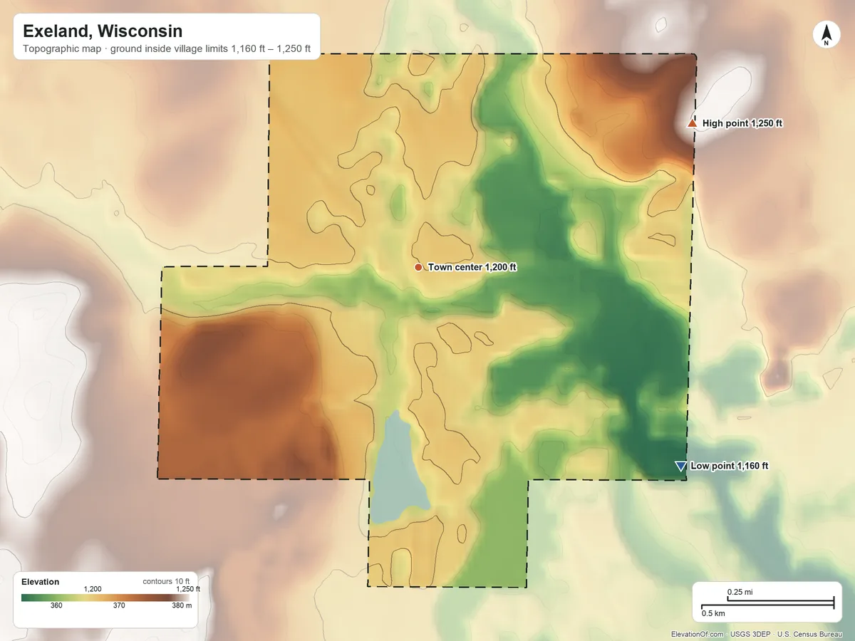 Topographic elevation map of Exeland, Wisconsin, shaded from 1,160 ft on the southeast side to 1,250 ft on the northeast side