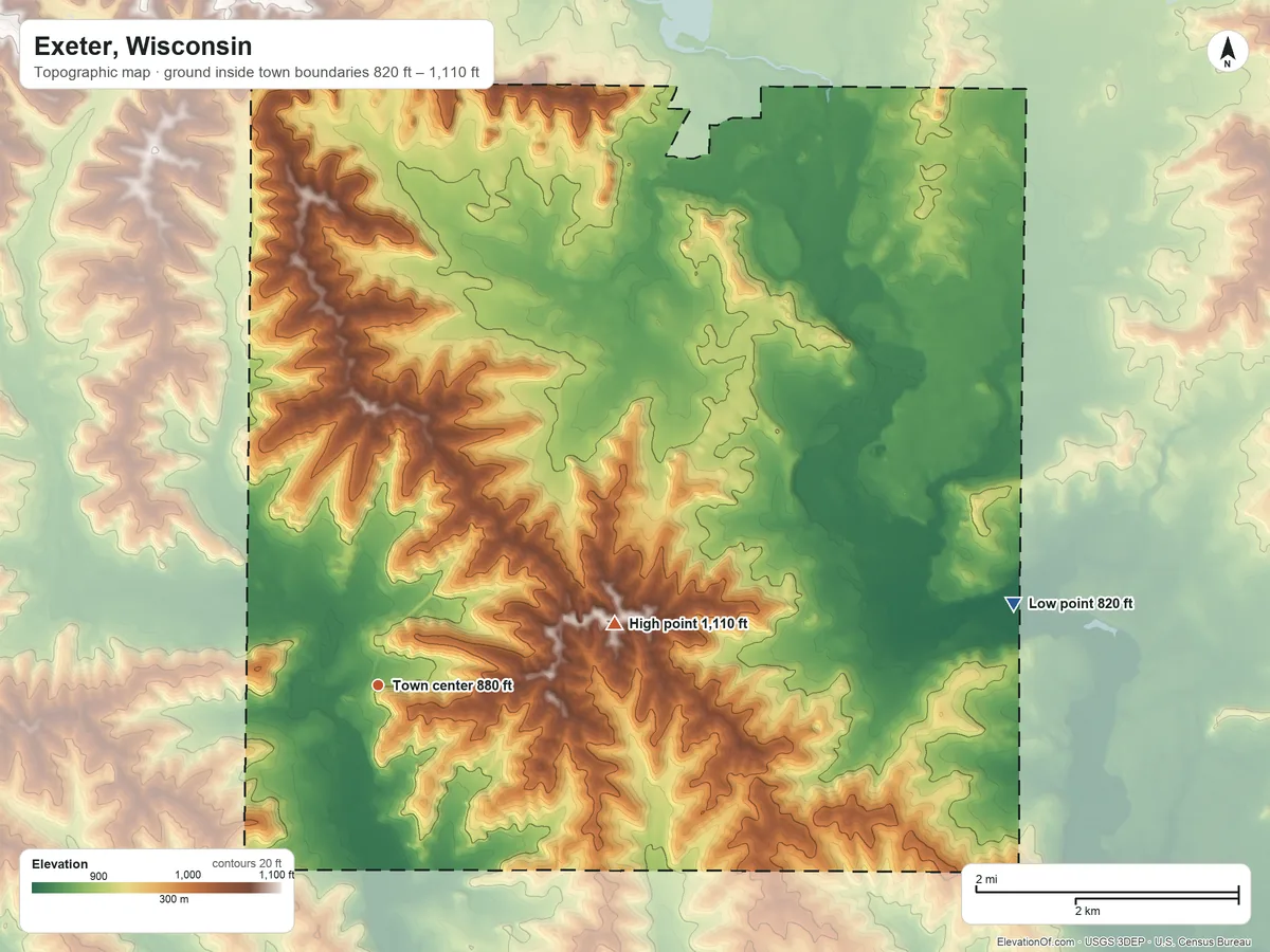 Topographic elevation map of Exeter, Wisconsin, shaded from 820 ft on the east side to 1,110 ft on the east side
