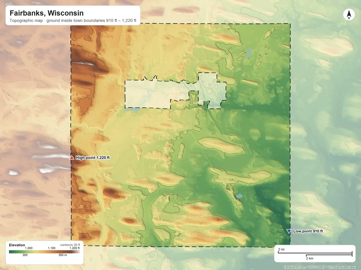 Topographic elevation map of Fairbanks, Wisconsin, shaded from 910 ft on the southeast side to 1,220 ft on the west side
