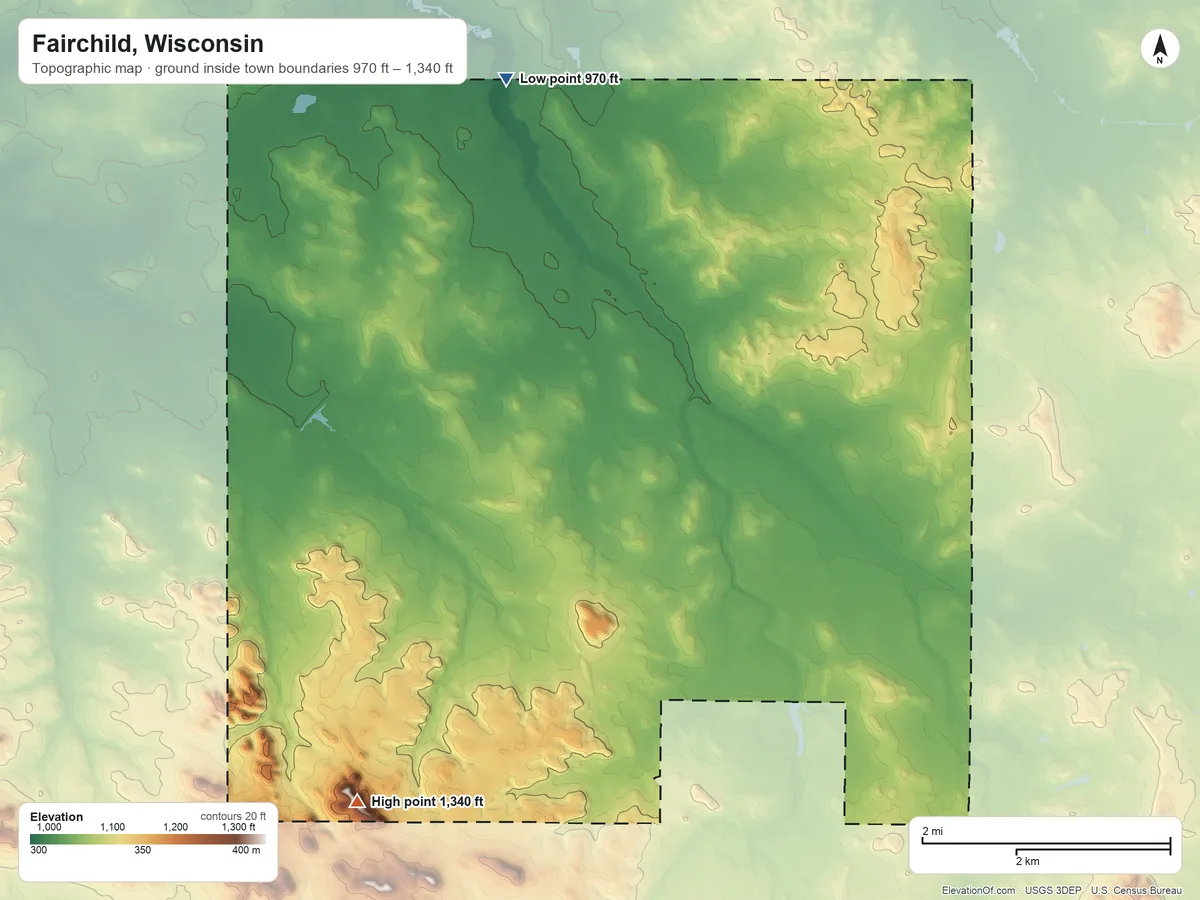 Topographic elevation map of Fairchild, Wisconsin, shaded from 970 ft on the north side to 1,340 ft on the southwest side
