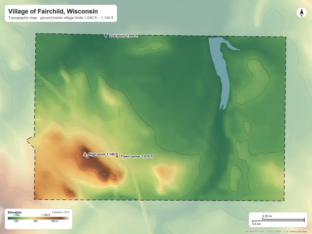 Topographic elevation map of Village of Fairchild, Wisconsin, shaded from 1,040 ft on the north side to 1,140 ft on the west side