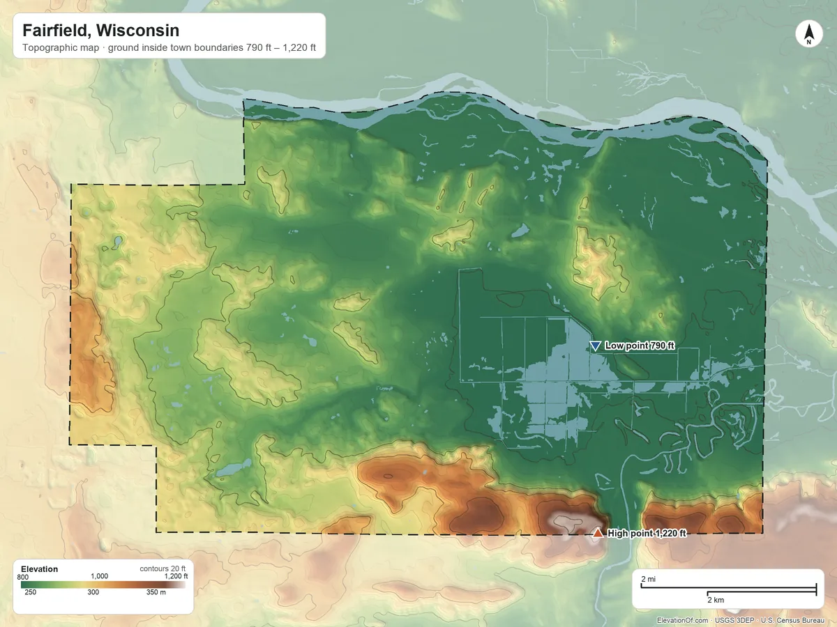 Topographic elevation map of Fairfield, Wisconsin, shaded from 790 ft on the east side to 1,220 ft on the southeast side