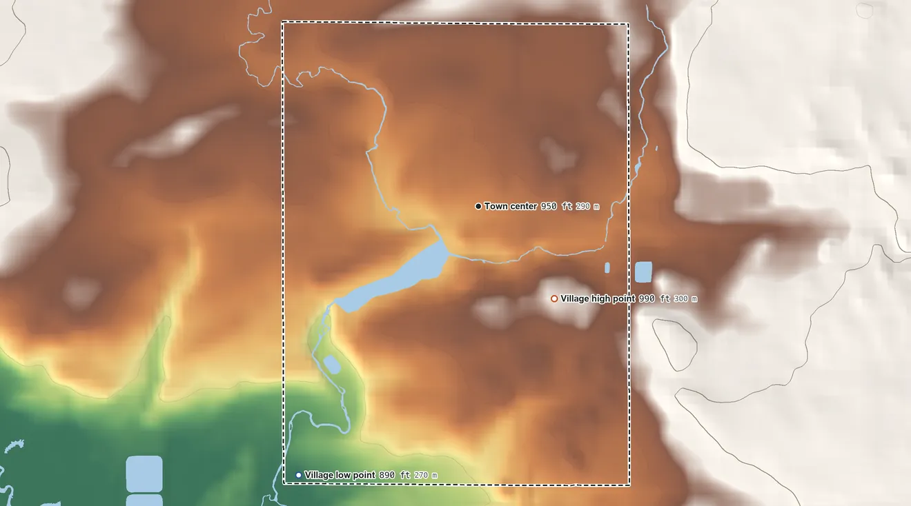 Topographic elevation map of Fairwater, Wisconsin, shaded from 890 ft on the southwest side to 990 ft on the southeast side