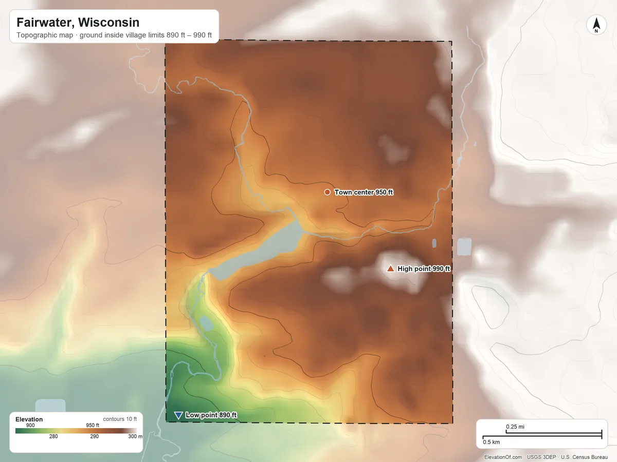 Topographic elevation map of Fairwater, Wisconsin, shaded from 890 ft on the southwest side to 990 ft on the southeast side