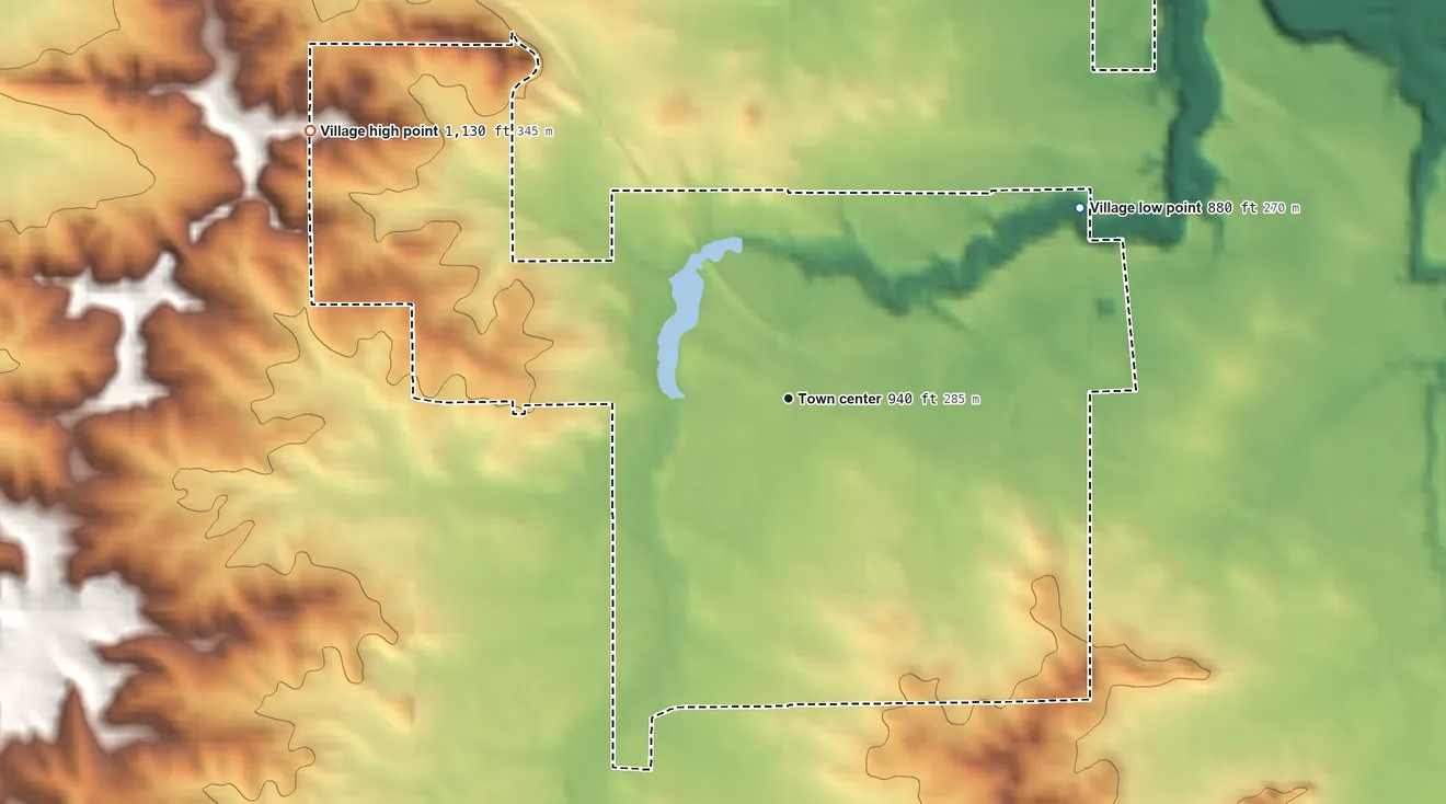 Topographic elevation map of Fall Creek, Wisconsin, shaded from 880 ft on the northeast side to 1,130 ft on the northwest side