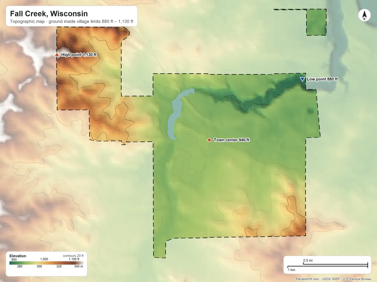 Topographic elevation map of Fall Creek, Wisconsin, shaded from 880 ft on the northeast side to 1,130 ft on the northwest side