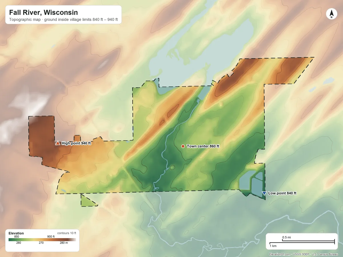 Topographic elevation map of Fall River, Wisconsin, shaded from 840 ft on the southeast side to 940 ft on the west side