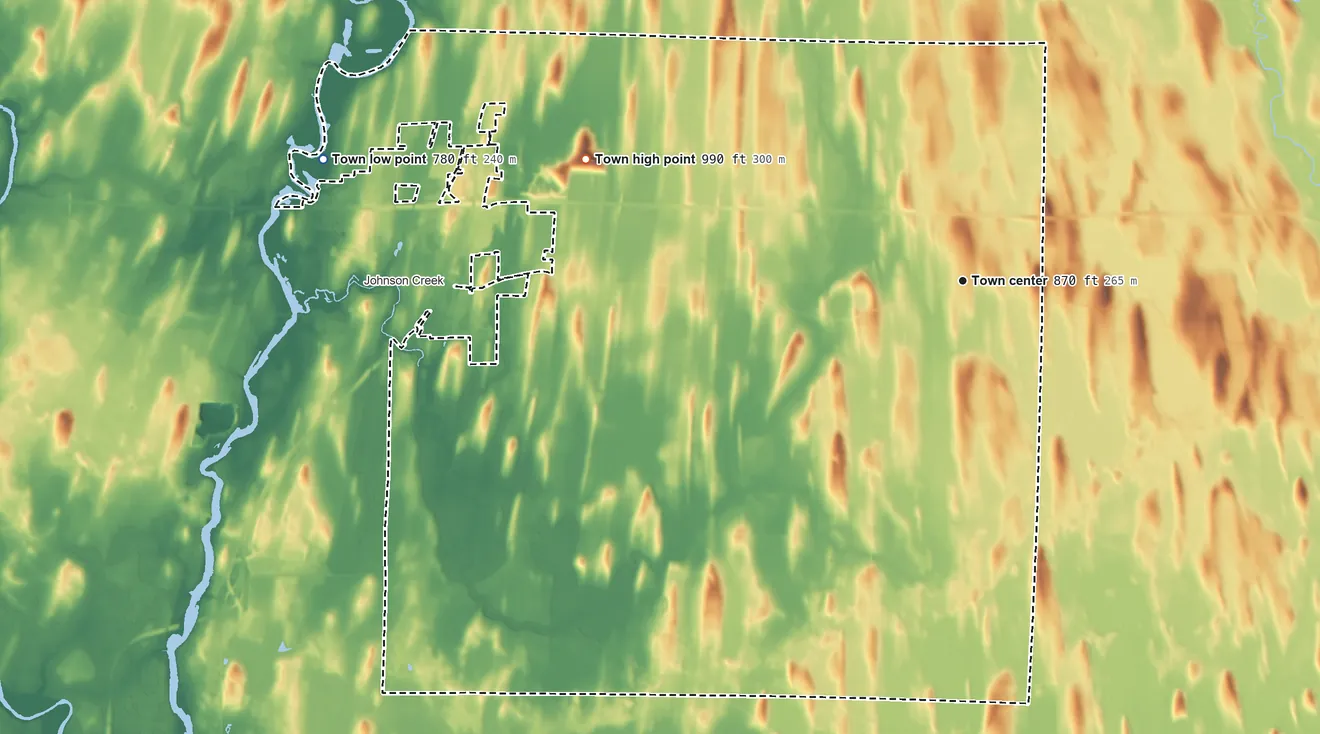 Topographic elevation map of Farmington, Jefferson County, Wisconsin, shaded from 780 ft on the west side to 990 ft on the west side