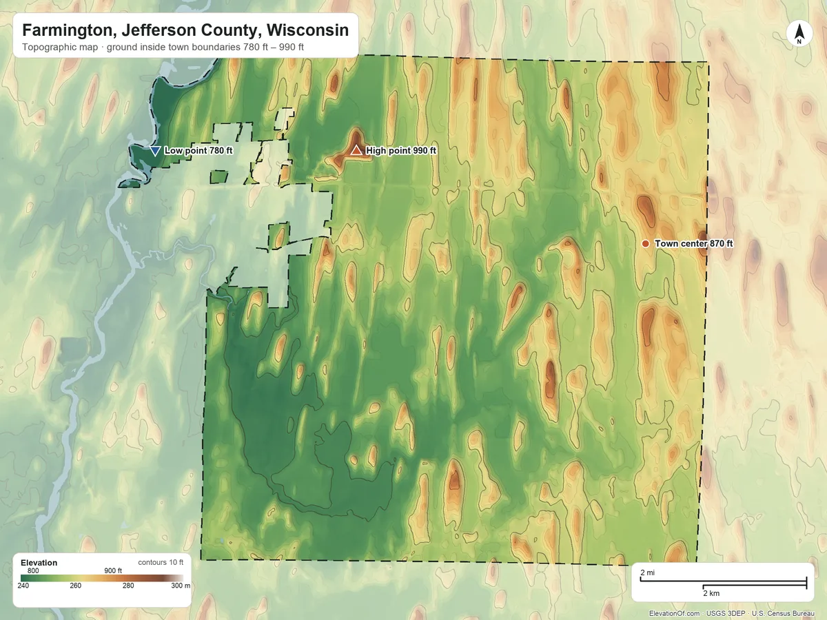 Topographic elevation map of Farmington, Jefferson County, Wisconsin, shaded from 780 ft on the west side to 990 ft on the west side