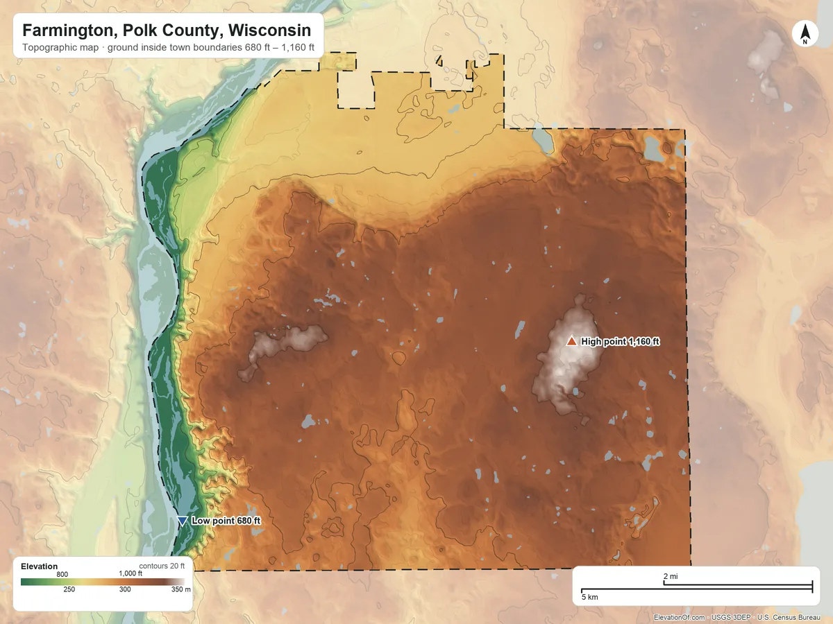 Topographic elevation map of Farmington, Polk County, Wisconsin, shaded from 680 ft on the southwest side to 1,160 ft on the east side