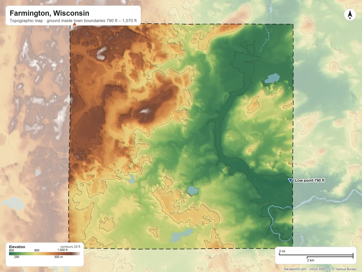 Topographic elevation map of Farmington, Wisconsin, shaded from 790 ft on the east side to 1,070 ft on the northwest side