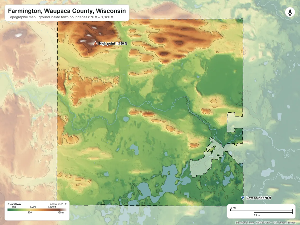 Topographic elevation map of Farmington, Waupaca County, Wisconsin, shaded from 870 ft on the east side to 1,180 ft on the northwest side
