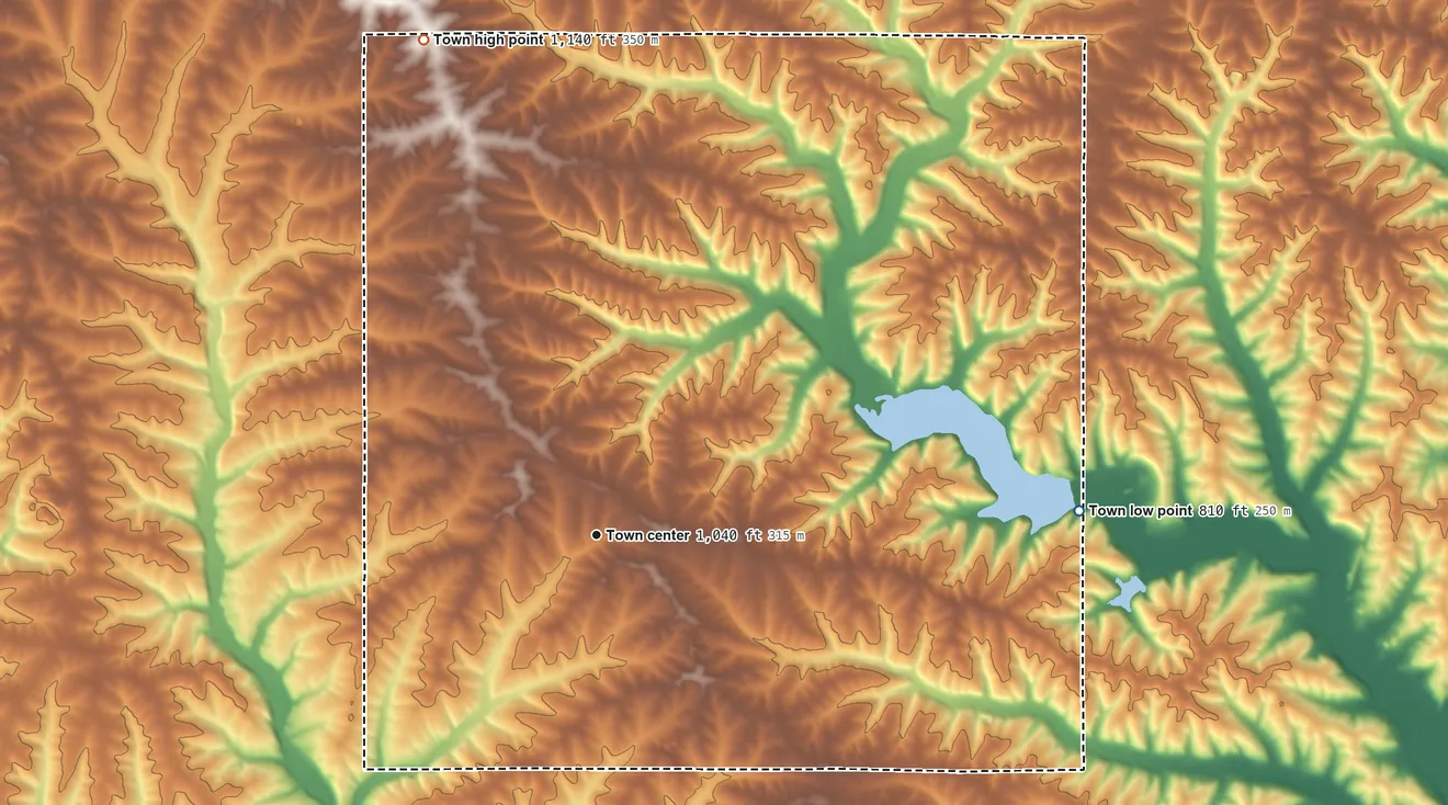 Topographic elevation map of Fayette, Wisconsin, shaded from 810 ft on the east side to 1,140 ft on the north side