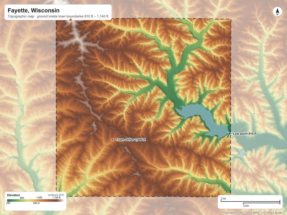 Topographic elevation map of Fayette, Wisconsin, shaded from 810 ft on the east side to 1,140 ft on the north side