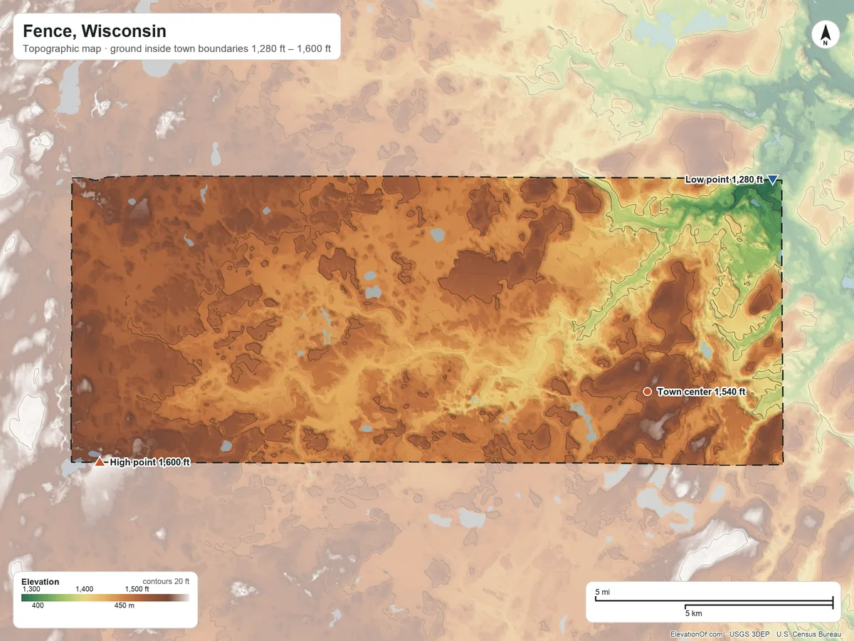 Topographic elevation map of Fence, Wisconsin, shaded from 1,280 ft on the northeast side to 1,600 ft on the west side