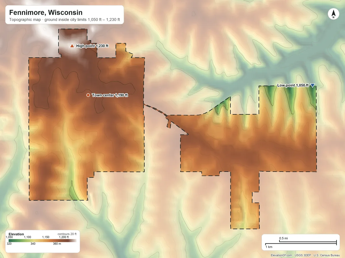 Topographic elevation map of Fennimore, Wisconsin, shaded from 1,050 ft on the east side to 1,230 ft on the north side