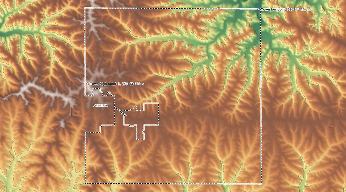 Topographic elevation map of Town of Fennimore, Wisconsin, shaded from 820 ft on the northeast side to 1,250 ft on the west side