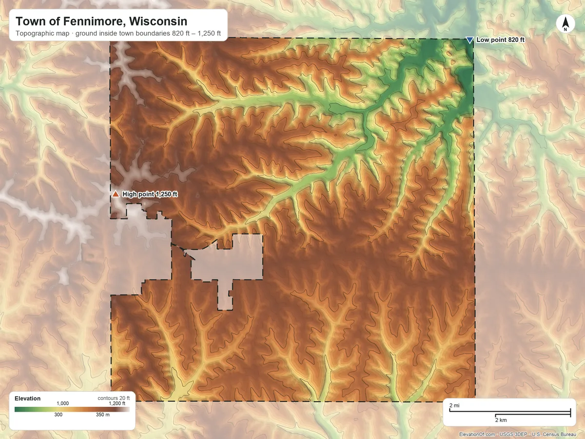 Topographic elevation map of Town of Fennimore, Wisconsin, shaded from 820 ft on the northeast side to 1,250 ft on the west side