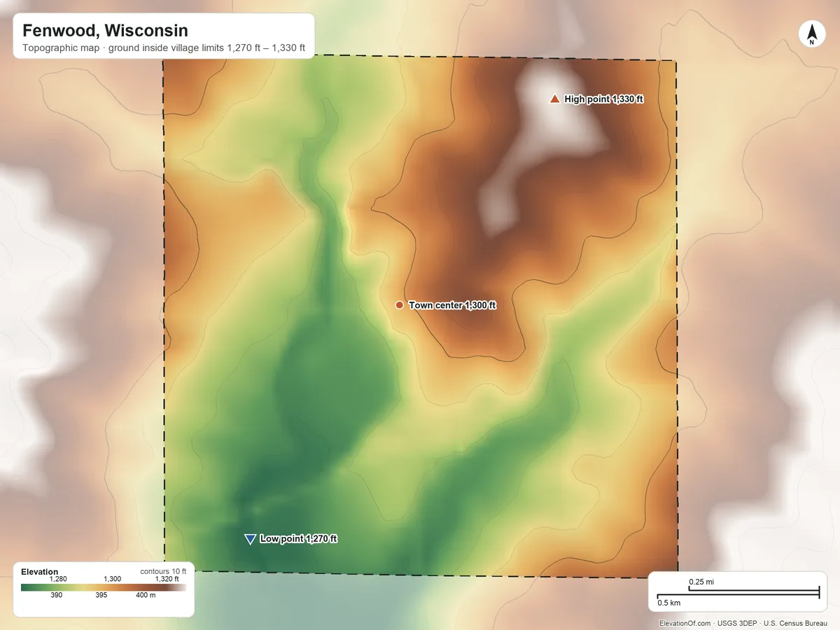 Topographic elevation map of Fenwood, Wisconsin, shaded from 1,270 ft on the southwest side to 1,330 ft on the northeast side