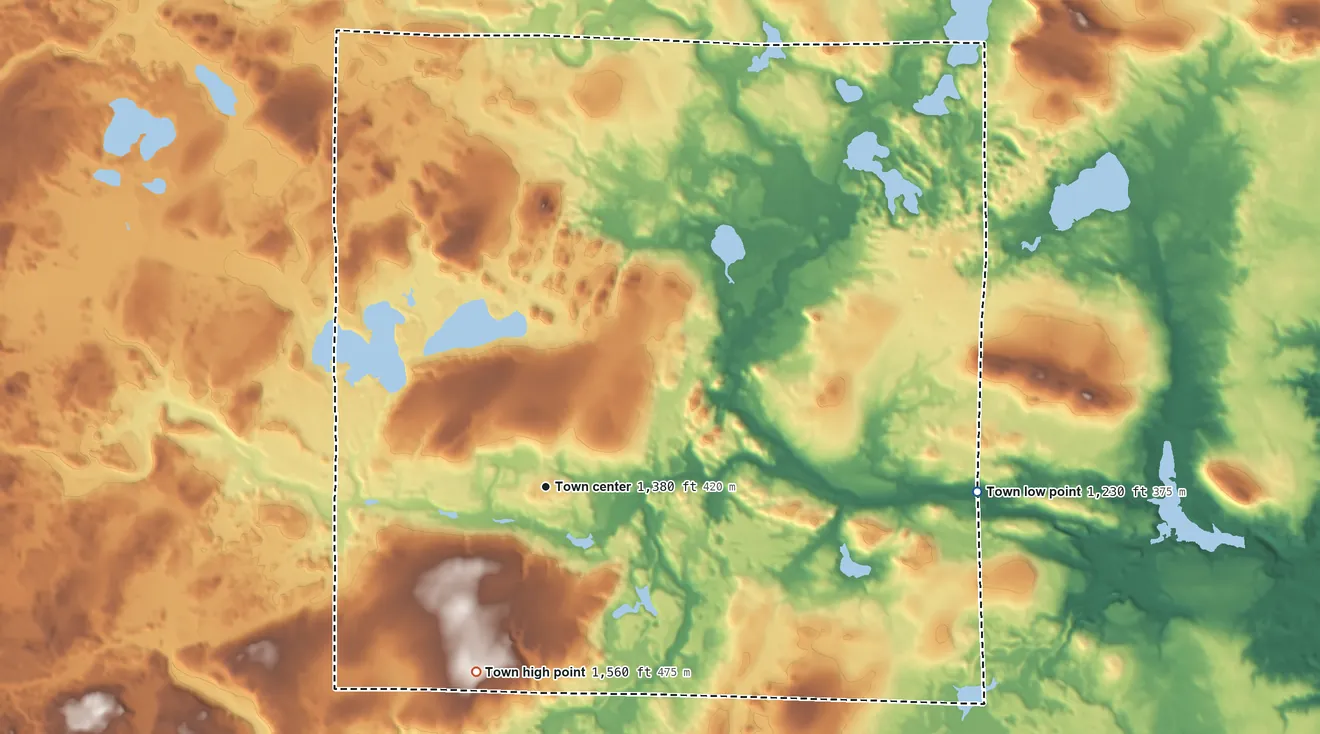 Topographic elevation map of Fern, Wisconsin, shaded from 1,230 ft on the east side to 1,560 ft on the south side