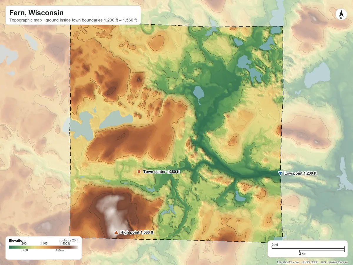 Topographic elevation map of Fern, Wisconsin, shaded from 1,230 ft on the east side to 1,560 ft on the south side