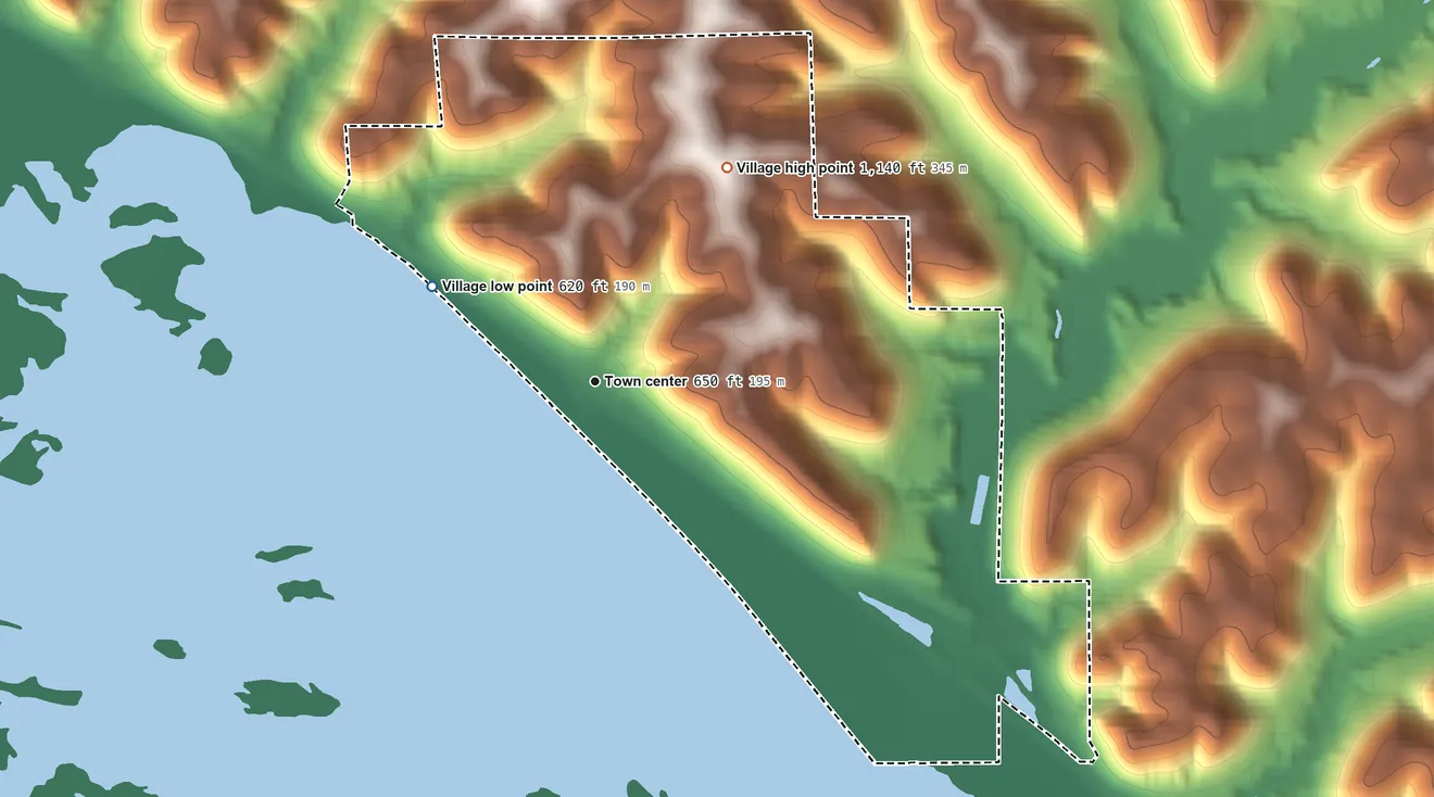 Topographic elevation map of Ferryville, Wisconsin, shaded from 620 ft on the northwest side to 1,140 ft on the northeast side