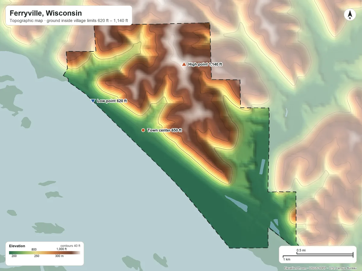 Topographic elevation map of Ferryville, Wisconsin, shaded from 620 ft on the northwest side to 1,140 ft on the northeast side