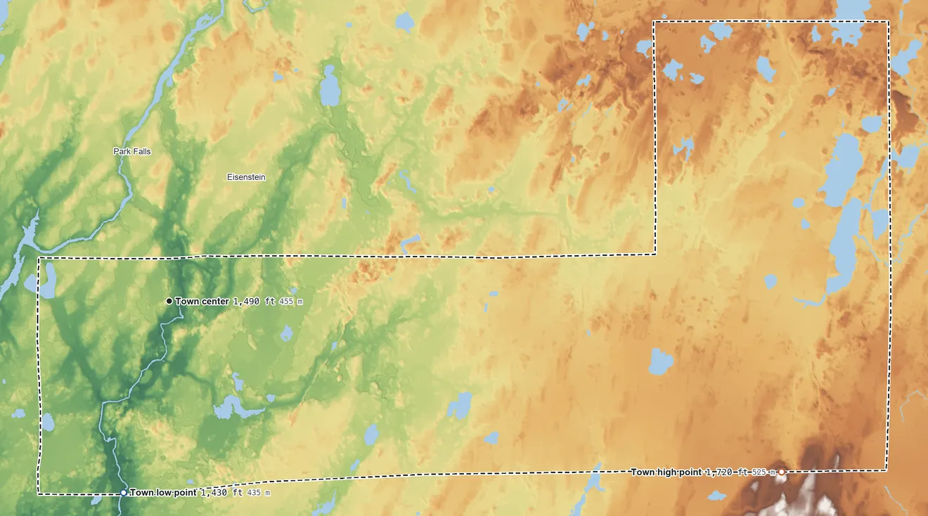 Topographic elevation map of Fifield, Wisconsin, shaded from 1,430 ft on the south side to 1,720 ft on the east side