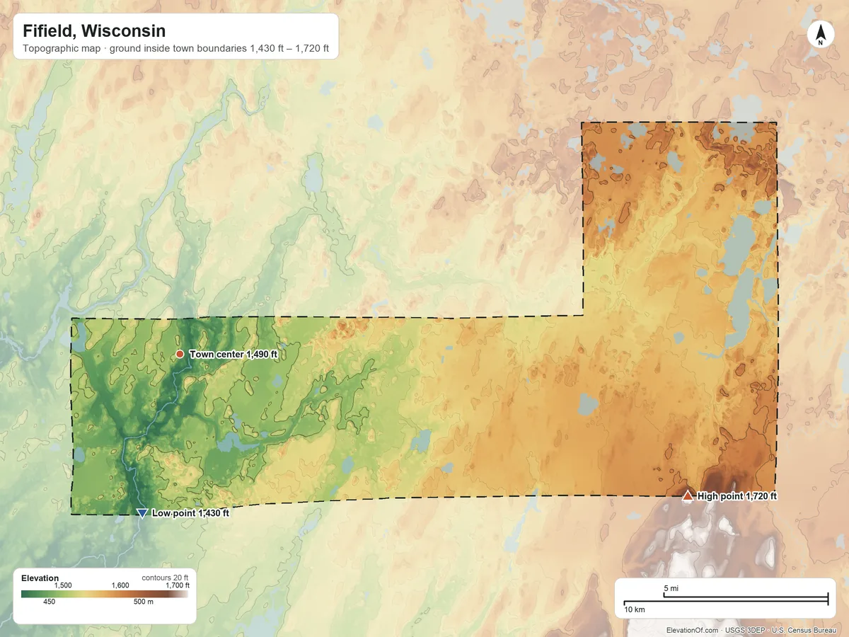 Topographic elevation map of Fifield, Wisconsin, shaded from 1,430 ft on the south side to 1,720 ft on the east side