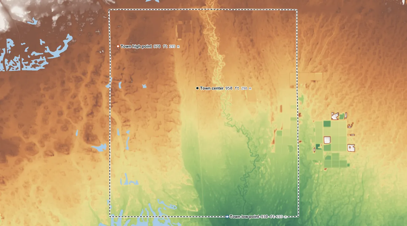 Topographic elevation map of Finley, Wisconsin, shaded from 930 ft on the south side to 970 ft on the northwest side