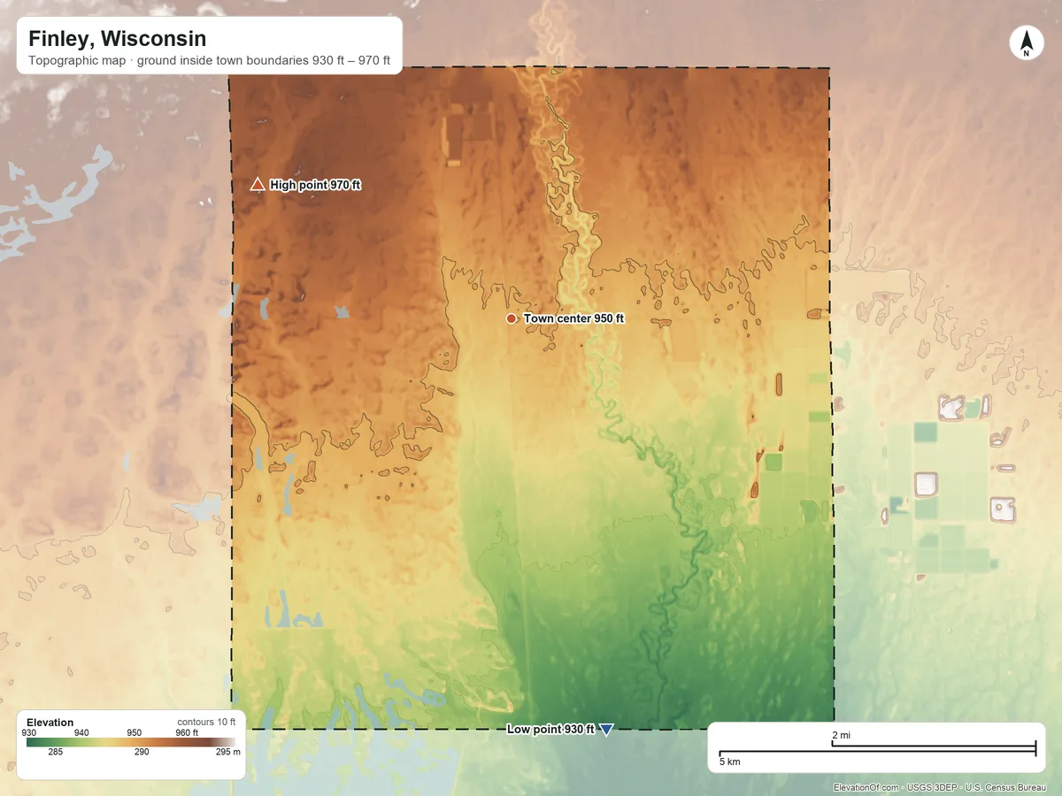 Topographic elevation map of Finley, Wisconsin, shaded from 930 ft on the south side to 970 ft on the northwest side