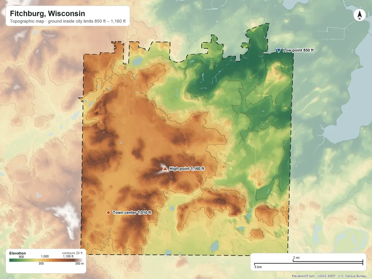 Topographic elevation map of Fitchburg, Wisconsin, shaded from 850 ft on the northeast side to 1,160 ft on the northeast side