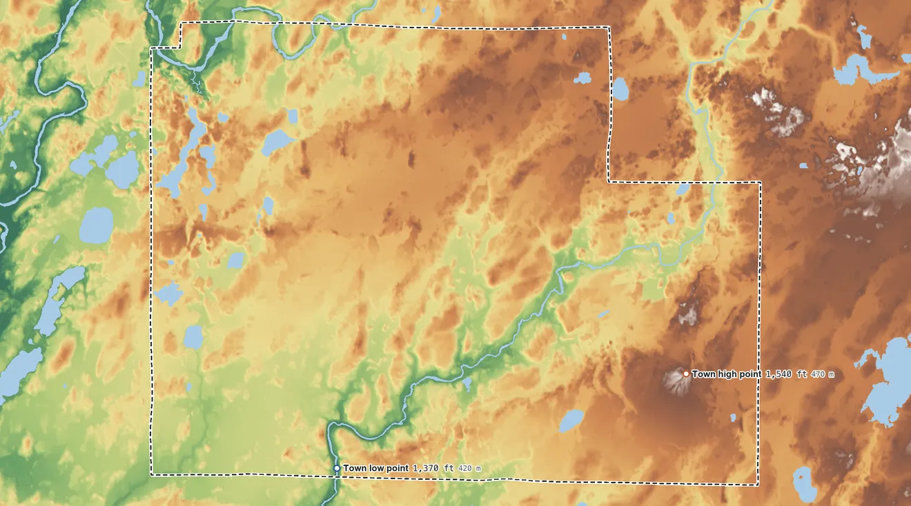 Topographic elevation map of Flambeau, Price County, Wisconsin, shaded from 1,370 ft on the southwest side to 1,540 ft on the east side