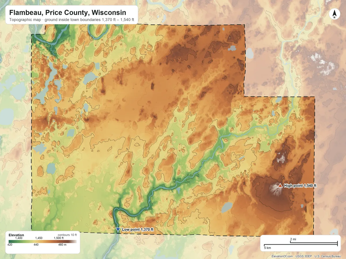 Topographic elevation map of Flambeau, Price County, Wisconsin, shaded from 1,370 ft on the southwest side to 1,540 ft on the east side