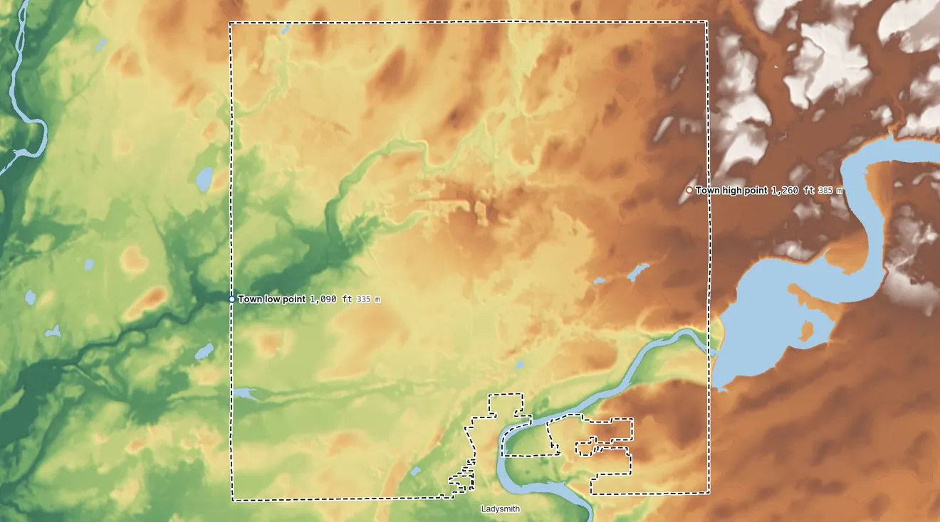 Topographic elevation map of Flambeau, Wisconsin, shaded from 1,090 ft on the west side to 1,260 ft on the northeast side