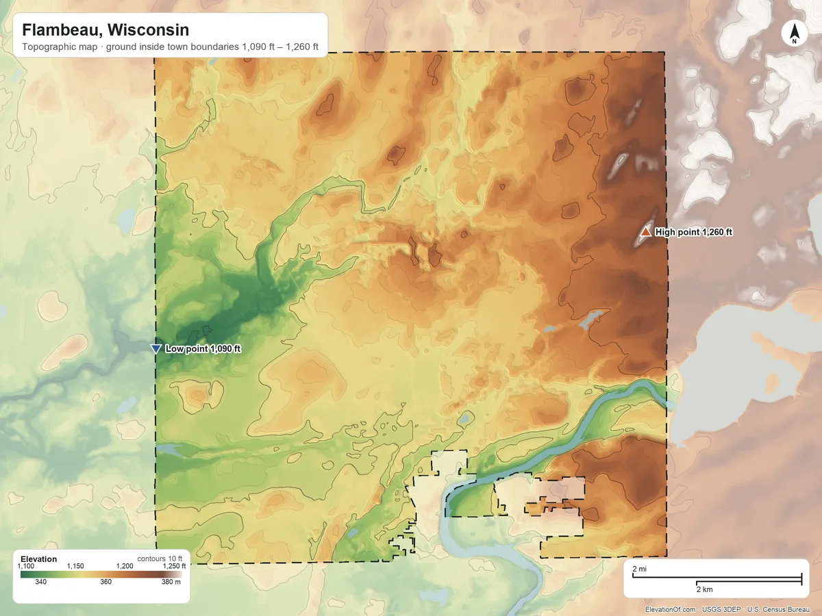 Topographic elevation map of Flambeau, Wisconsin, shaded from 1,090 ft on the west side to 1,260 ft on the northeast side