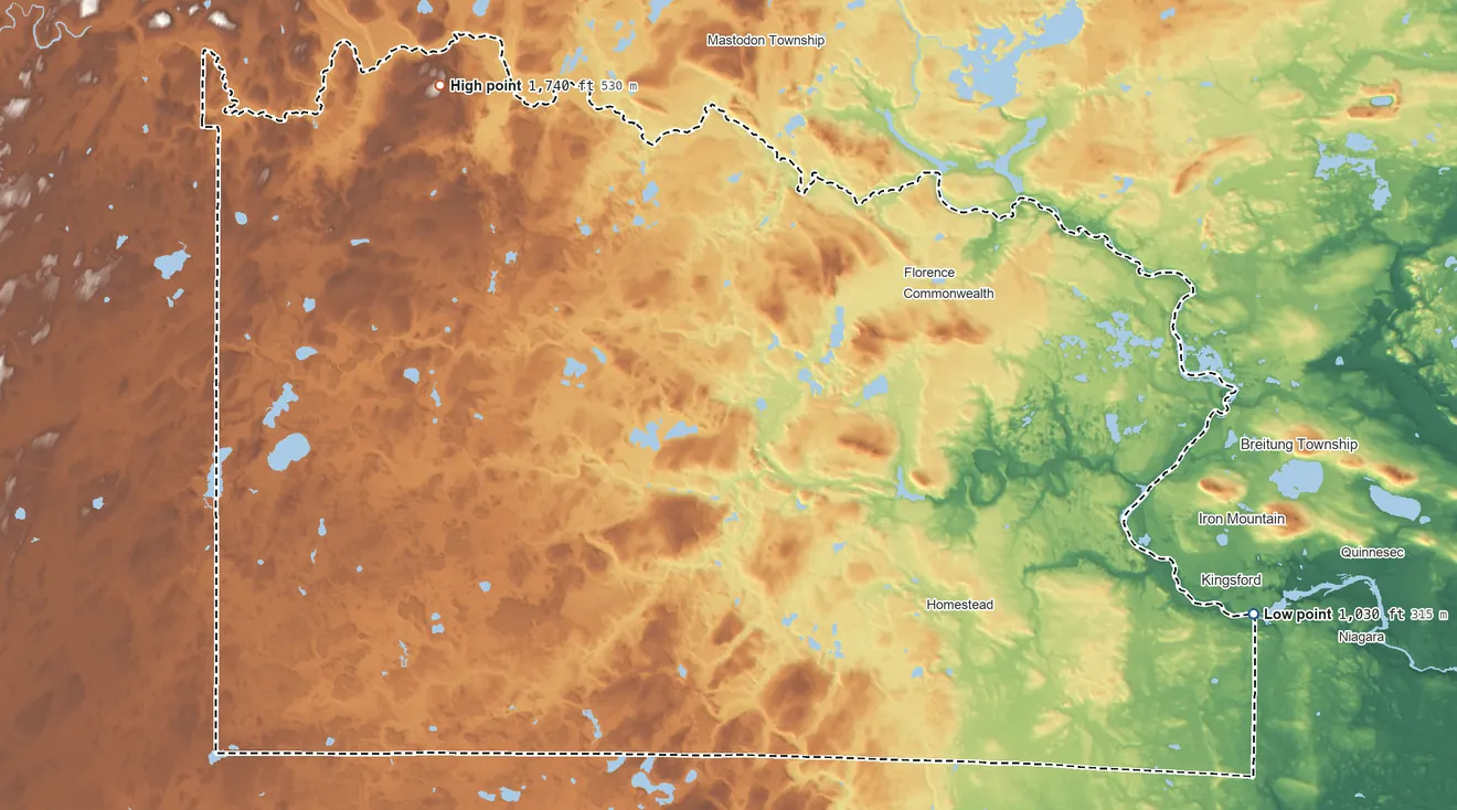 Topographic elevation map of Florence County, Wisconsin, shaded from 1,030 ft on the east side to 1,740 ft on the northwest side