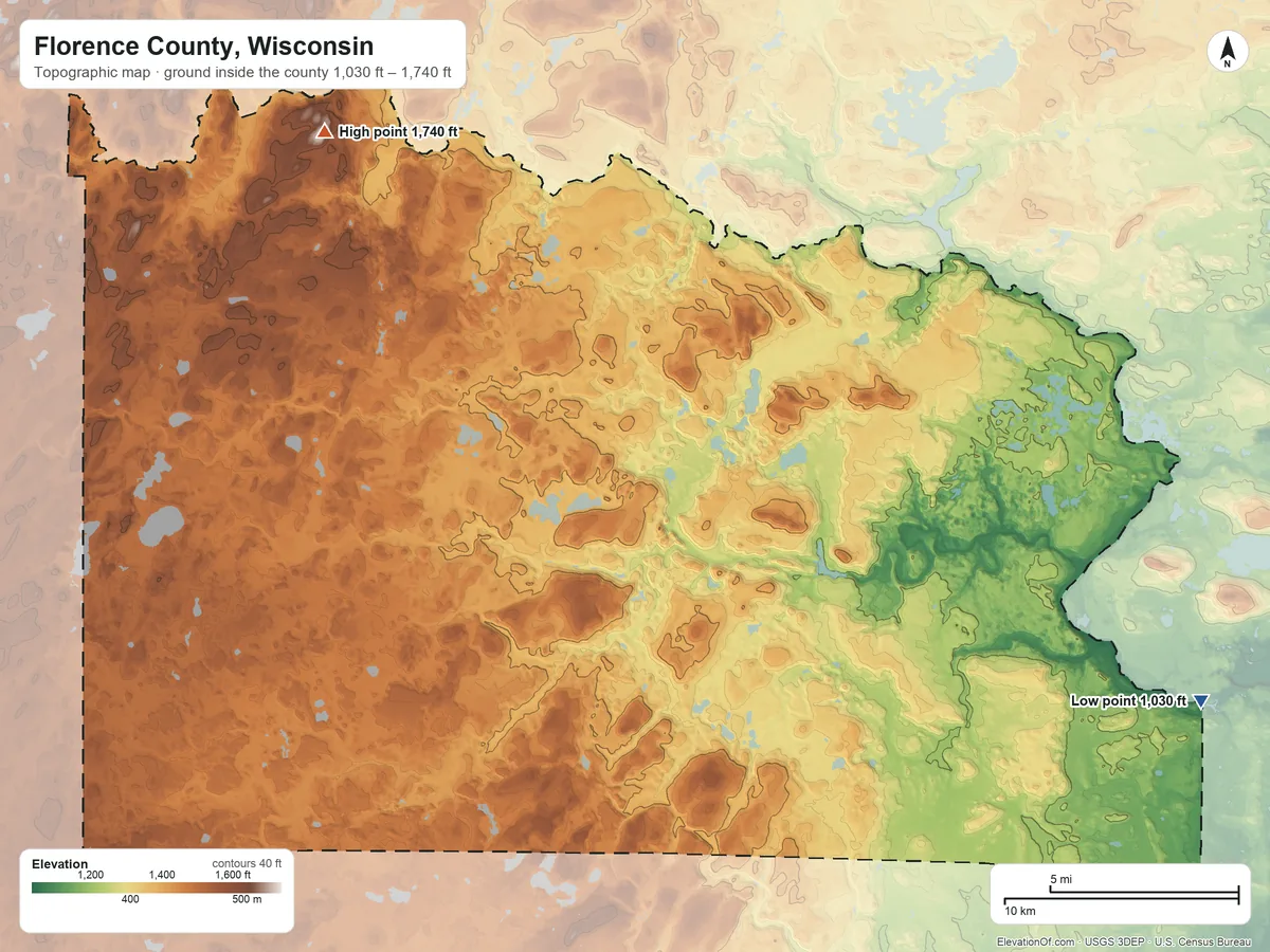 Topographic elevation map of Florence County, Wisconsin, shaded from 1,030 ft on the east side to 1,740 ft on the northwest side