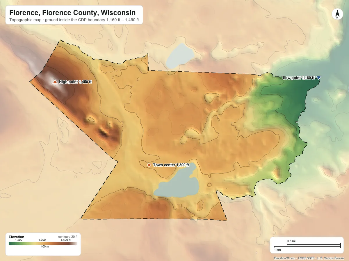 Topographic elevation map of Florence, Florence County, Wisconsin, shaded from 1,160 ft on the northeast side to 1,450 ft on the northwest side