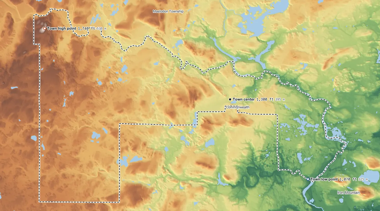Topographic elevation map of Florence, Wisconsin, shaded from 1,070 ft on the southeast side to 1,740 ft on the west side