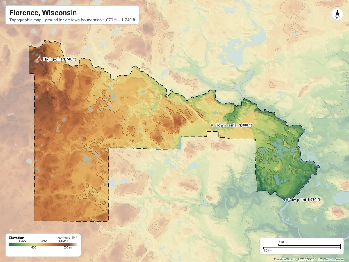 Topographic elevation map of Florence, Wisconsin, shaded from 1,070 ft on the southeast side to 1,740 ft on the west side
