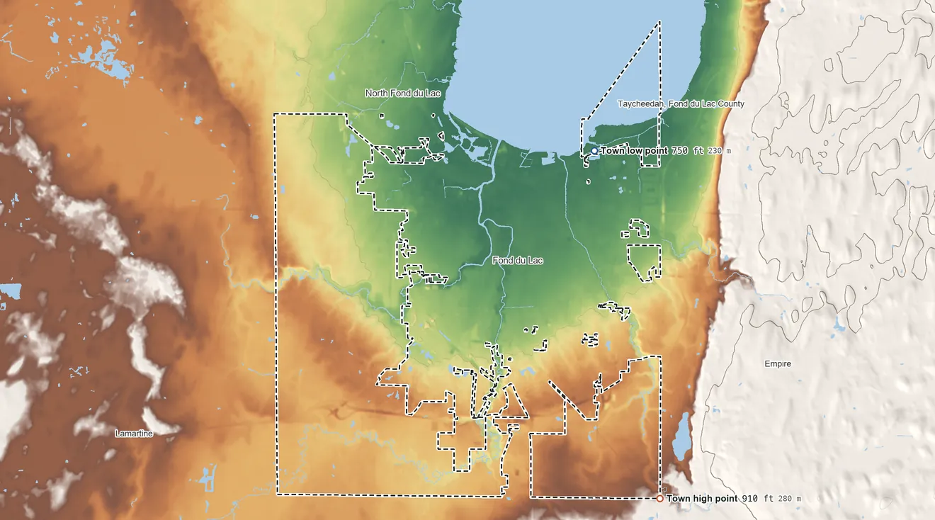 Topographic elevation map of Town of Fond du Lac, Wisconsin, shaded from 750 ft on the northeast side to 910 ft on the southeast side