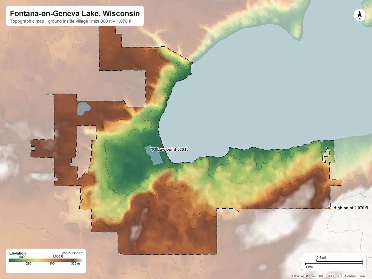 Topographic elevation map of Fontana-on-Geneva Lake, Wisconsin, shaded from 860 ft near the middle to 1,070 ft on the east side