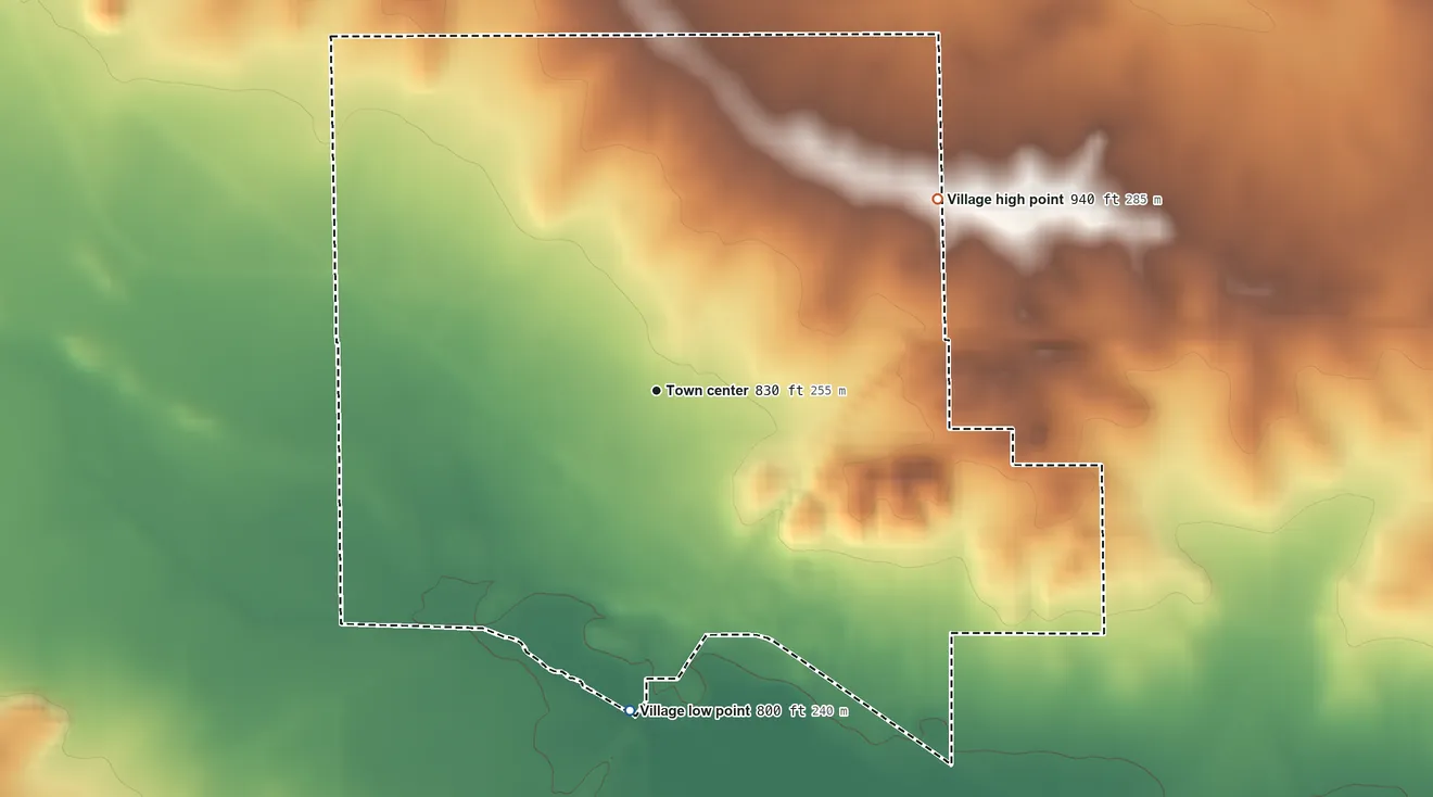 Topographic elevation map of Footville, Wisconsin, shaded from 800 ft on the south side to 940 ft on the northeast side