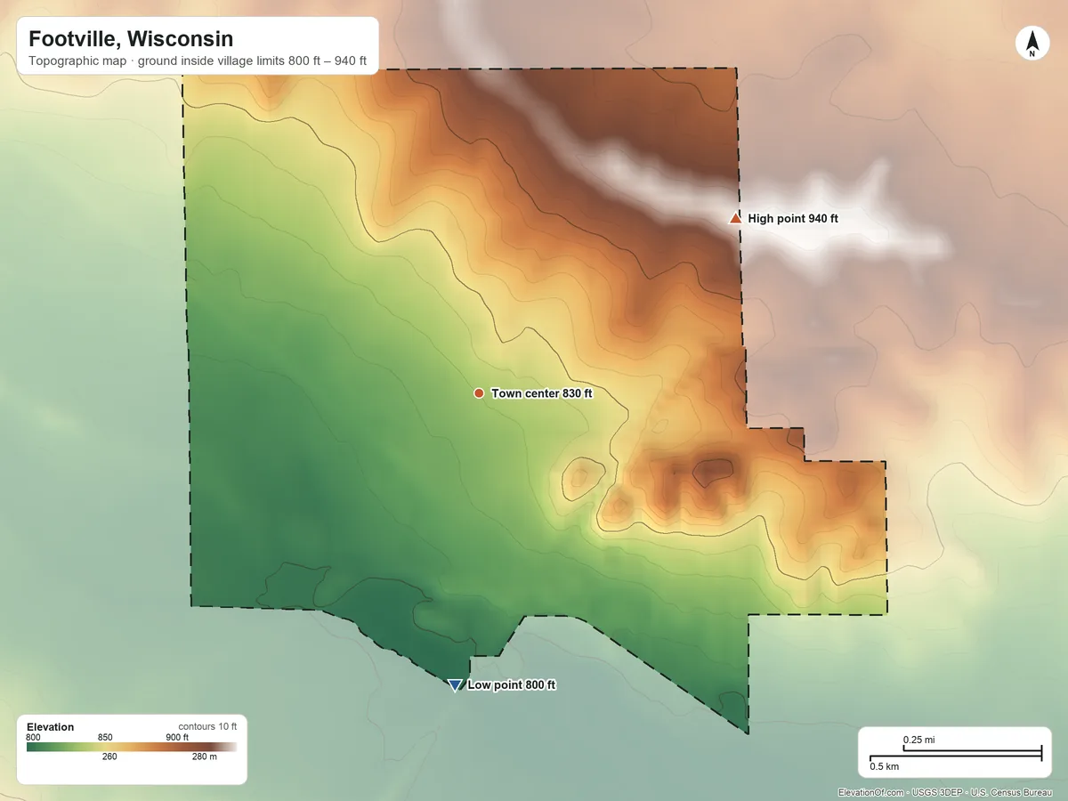 Topographic elevation map of Footville, Wisconsin, shaded from 800 ft on the south side to 940 ft on the northeast side