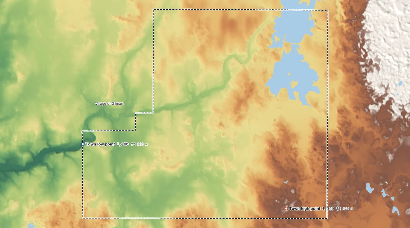 Topographic elevation map of Ford, Wisconsin, shaded from 1,180 ft on the west side to 1,390 ft on the southeast side