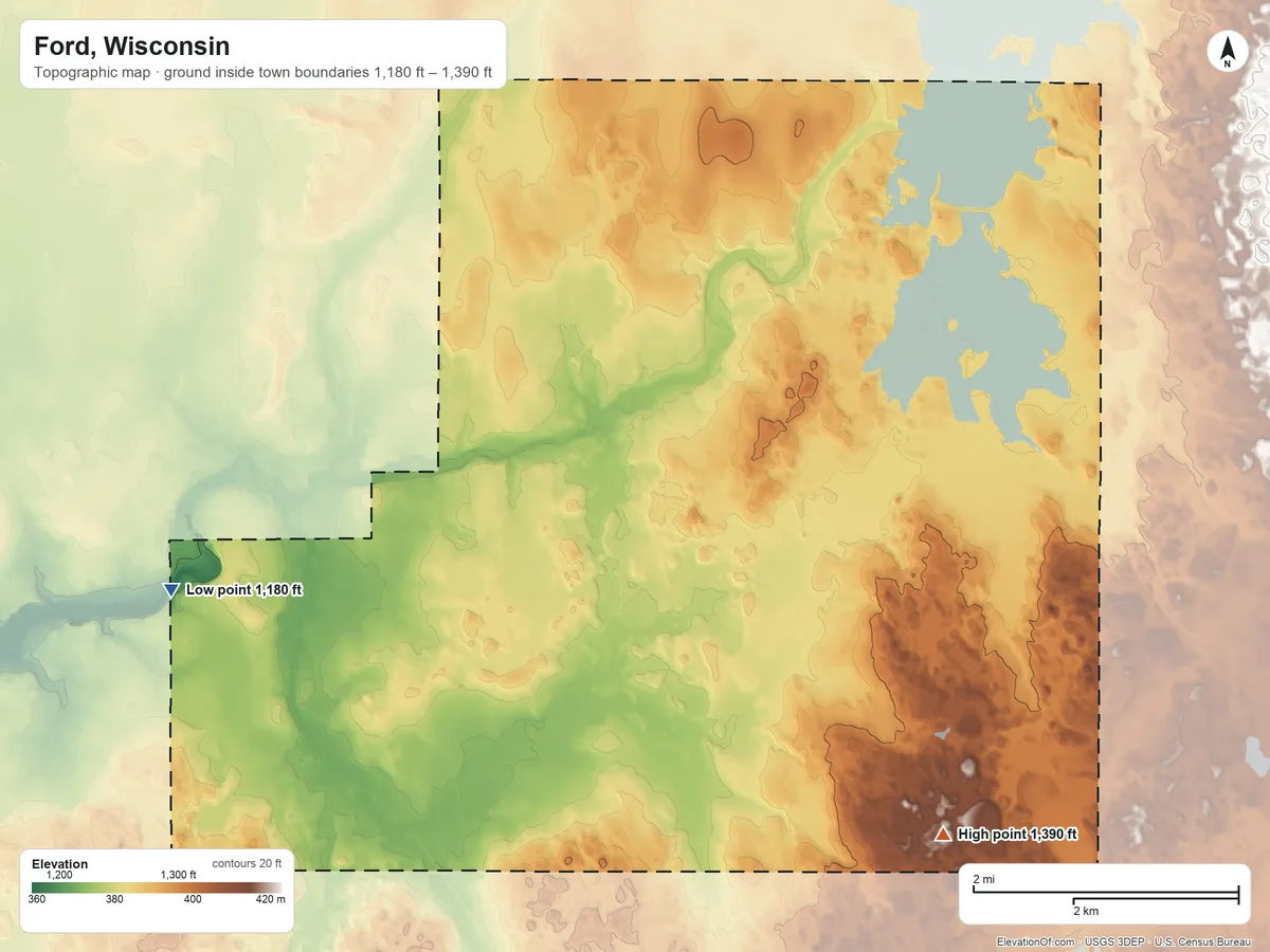 Topographic elevation map of Ford, Wisconsin, shaded from 1,180 ft on the west side to 1,390 ft on the southeast side