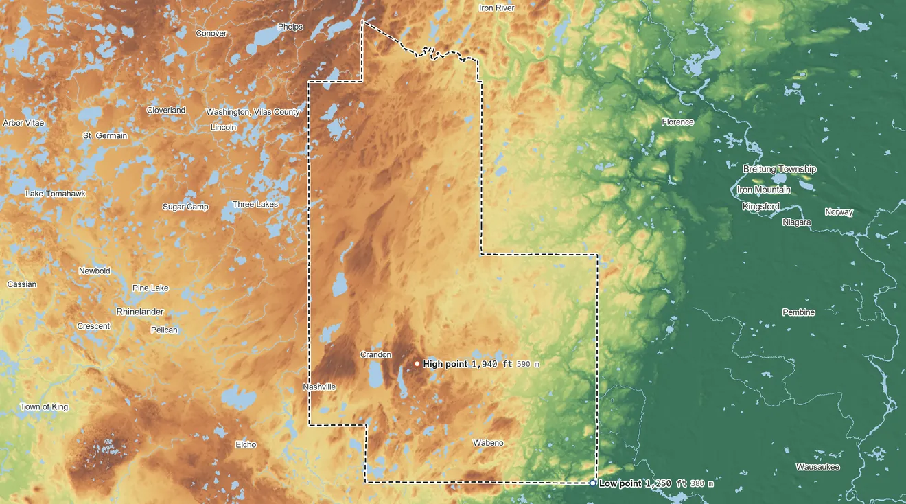 Topographic elevation map of Forest County, Wisconsin, shaded from 1,250 ft on the southeast side to 1,940 ft on Sugarbush Hill