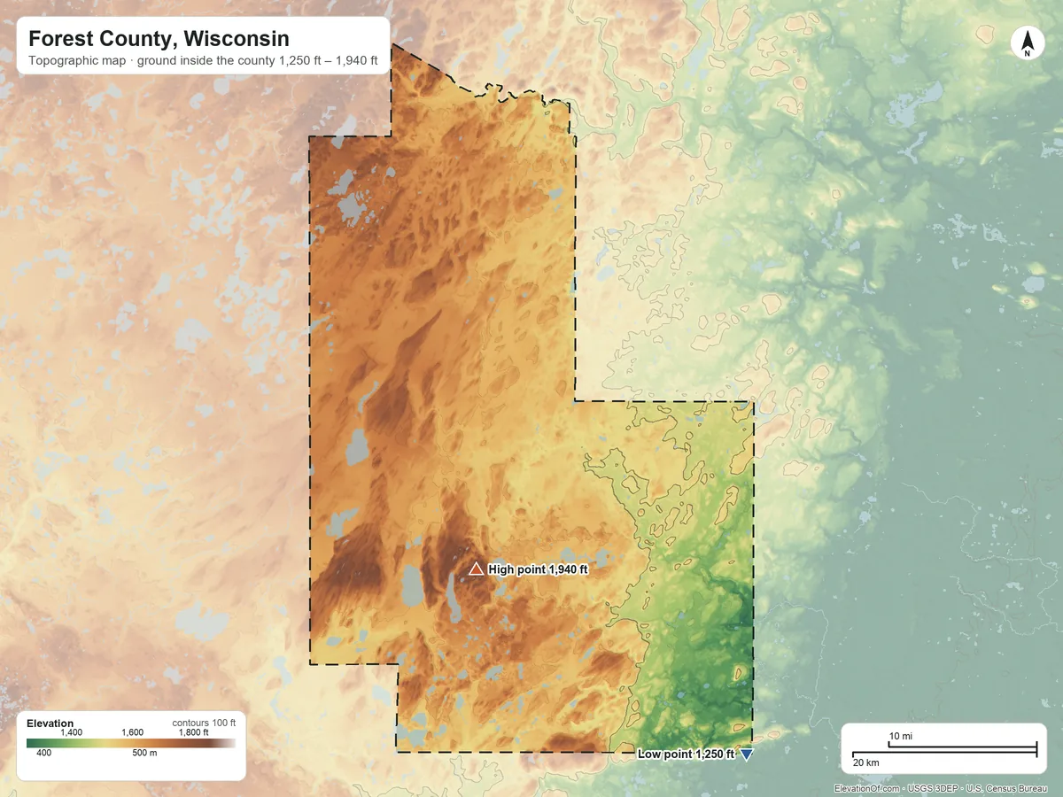 Topographic elevation map of Forest County, Wisconsin, shaded from 1,250 ft on the southeast side to 1,940 ft on Sugarbush Hill